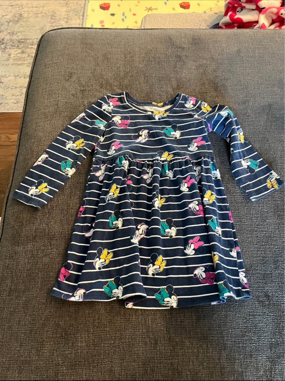 Girls Navy Striped Minnie Mouse Long-Sleeve Casual Dress